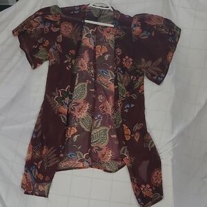 Maurices Burgundy Floral Sheer Open-Front Tunic Cardigan